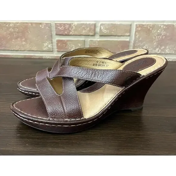 Born Sandals BrownLeather Open Toe Criss Cross Straps Platform Wedge Size 9 - Picture 2 of 9